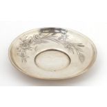 Russian circular silver dish engraved with flowers, impressed marks 84 BTC to the base, 11cm in