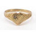 9ct gold love heart diamond ring, size H, 1.0g