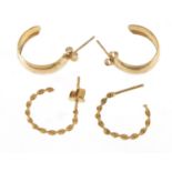 Two pairs of 9ct gold half hoop earrings, each 1.5cm in length, 1.8g