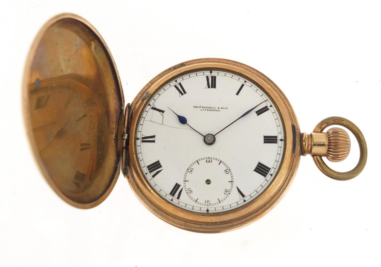 Thomas Russell & Son, gentlemen's gold plated full hunter pocket watch with enamel dial, the