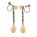 Pair of antique style unmarked silver and simulated pearl drop earrings with screw backs, 4cm