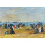 Figures on a beach, French Impressionist oil, mounted, framed and glazed, 33cm x 24cm excluding