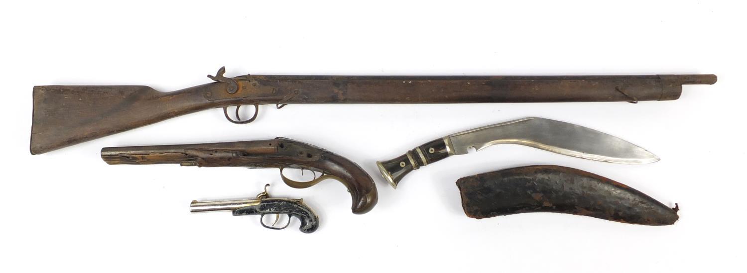 19th century double barrel pistol, Gurkha's kukri knife, percussion cap rifle and a gun design - Image 4 of 6