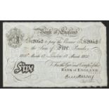 Bank of England white five pound note, Chief Cashier E M Harvey, dated 17th March 1920, serial