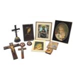 Religious items including Corpora Christi, plaster plaque of the Madonna and prints, the largest