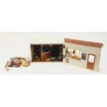 Hand built wooden doll's house shop with contents, 31cm H x 39cm W x 34cm D