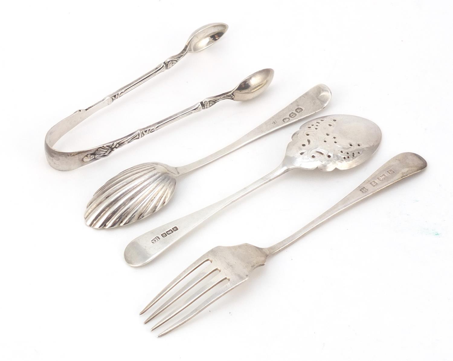 Georgian and later silver cutlery including apostle sugar tongs a teaspoon with shell shaped bowl, - Image 2 of 3