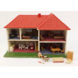 Vintage hand built wooden and plastic doll's house with contents, 44cm H x 65cm W x 32cm D