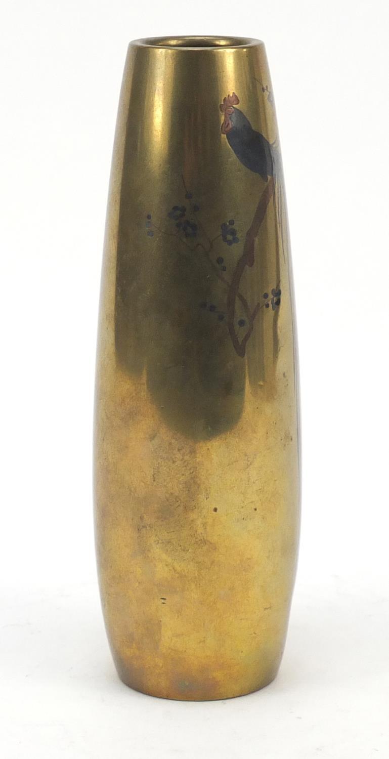 Japanese bronze and mixed metal vase decorated with a rooster on a branch, character marks to the - Image 6 of 9