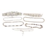 Five silver bracelets, one set with black and clear stones, 53.0g