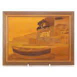 Rowley Gallery style panel marquetry inlaid with a Continental coastal scene, 24cm x 18cm