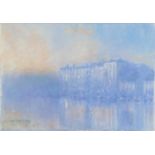 W Mason - Building by water, oil on canvas, mounted and framed, 36cm x 25.5cm excluding the mount