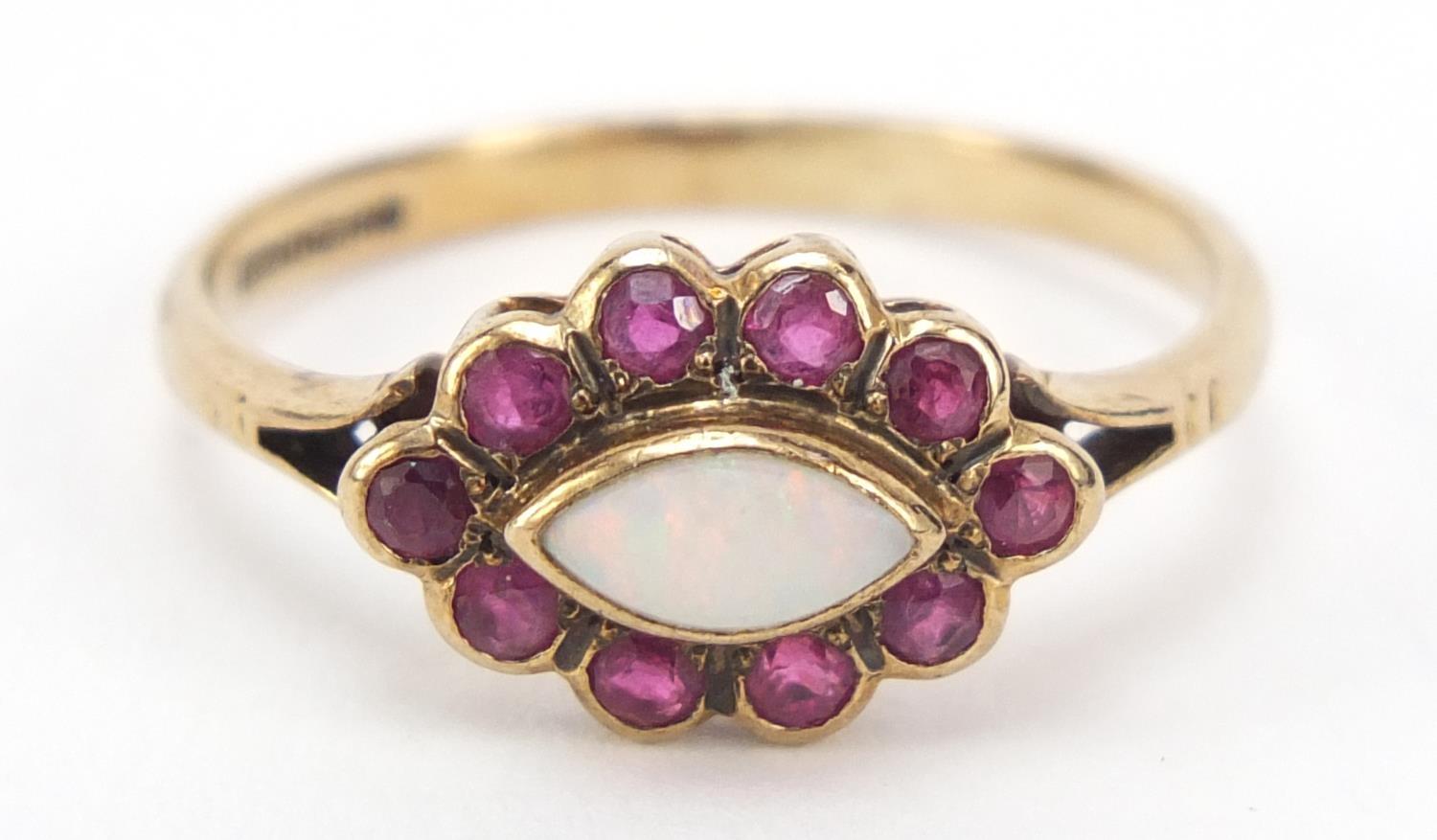 9ct gold ruby and opal ring, size O, 1.6g