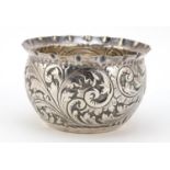 T Wooley, Victorian silver bowl embossed with foliage, Birmingham 1897, 10.5cm in diameter, 107.1g