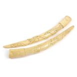 Pair of African ivory tusks carved with serpents, butterflies and birds, each 42.5cm in length