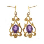 Pair of 9ct gold amethyst drop earrings, 3cm high, 2.5g