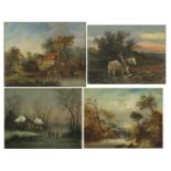 Landscapes including one with figure on horseback in water and a snowy scene, four early 19th