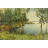 Woodland surrounding water before a town, Continental school oil on canvas bearing a signature H H