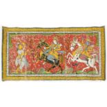 Large Indian Mughal school painting on linen of figures on horseback, 81.5cm x 42cm