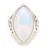 Large silver opalescent ring with pierced shoulders, size R, 11.0g