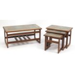 Nest of three teak tile top tables and matching coffee table, the coffee table 39cm H x 85cm W x