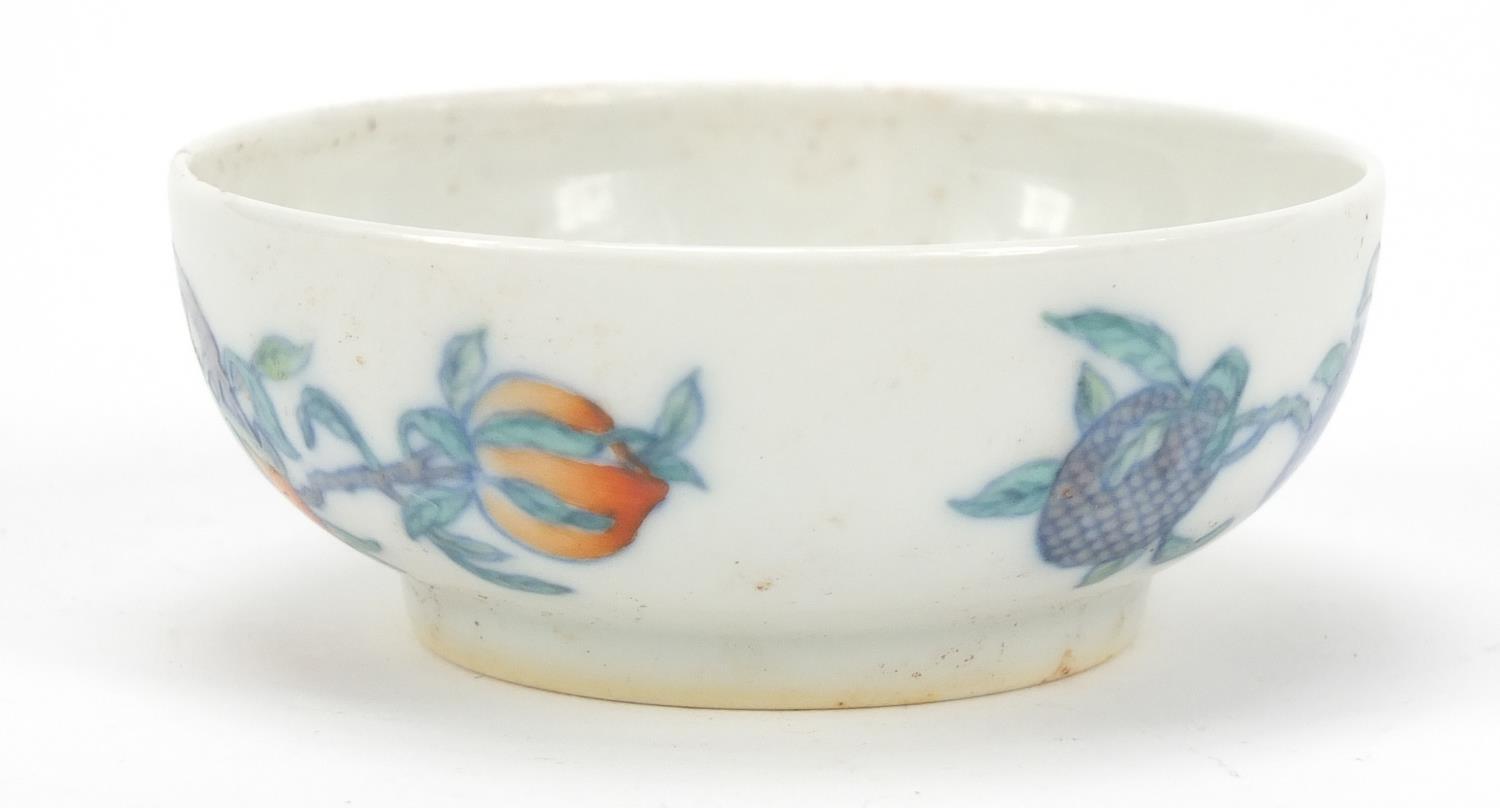 Chinese doucai porcelain shallow dish hand painted with fruit, six figure character marks to the - Image 4 of 8