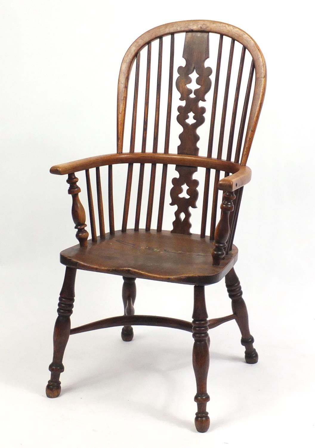 Victorian elm Windsor chair with crinoline stretcher, 106cm high