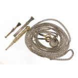 Silver and white metal objects including a Longuard chain and three propelling pencils, 73.4g