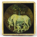 Antique Continental pottery tile depicting Romulus and Remus, 10cm x 10cm