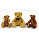 Three Dean's Rag Book teddy bears with articulated limbs, the largest 35cm high