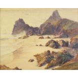 Manner of Henry M Rheam - Rocky coastal scene, St Ives school watercolour, framed and glazed, 49cm x