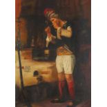 Young man smoking in an interior, Turkish school oil on board, mounted and framed, 53.5cm x 38cm