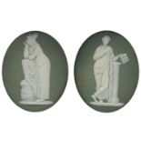 Two 19th century Jasperware panels of classical figures, probably by Wedgwood, each housed in glazed