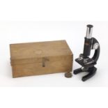 Milbro adaptable microscope with pine case, 23cm high