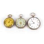 Three ladies silver open face pocket watches, two with ornate enamel dials, the largest 40mm in