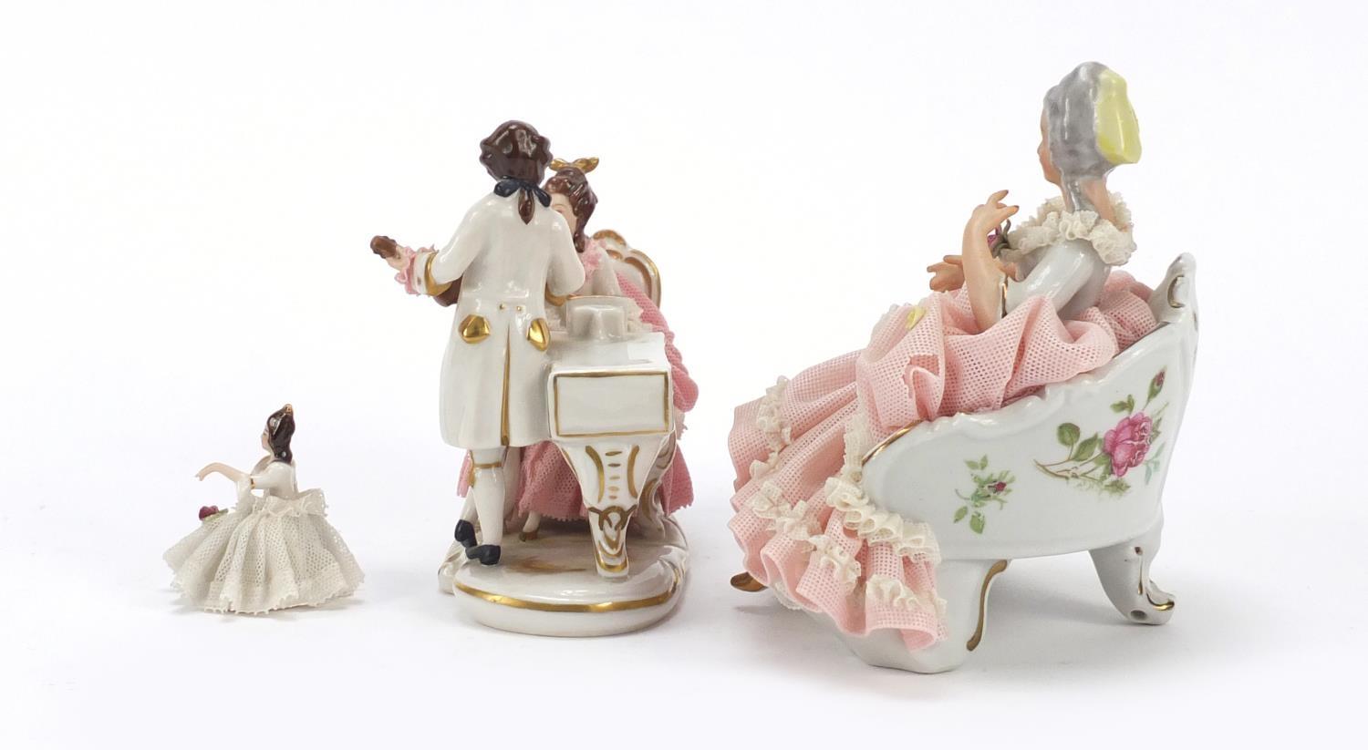 Dresden, three German porcelain lace figurines including a group of two lovers, the largest 18cm - Image 4 of 10