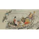 Chinese hand painted wall hanging scroll hand painted with figures in a boat, calligraphy and red