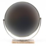 Retro chrome plated circular swing mirror with rectangular onyx base, Durlston Designs label to