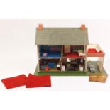 Hand built wooden doll's house with contents, 50cm H x 76cm W x 41cm D
