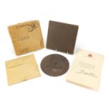 British military World War I death plaque with cardboard case and envelopes awarded to Charles