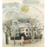 Manner of John Piper - Female before a house, surreal watercolour, inscribed verso, mounted, 19cm