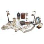 Metalware and wooden ware including glass hip flask with pewter mounts and a Kukri knife, the
