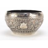 Burmese silver coloured metal bowl embossed with farmers, cattle, hunters and wild animals, 11cm