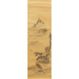 Chinese hand painted wall hanging scroll depicting a river landscape with calligraphy and red seal