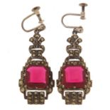 Pair of antique design unmarked silver marcasite and pink stone drop earrings, 4cm high, 11.2g