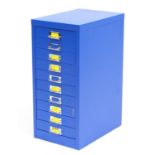 Ten drawer blue filing cabinet, 60.5cm H x 28cm W x 41cm D