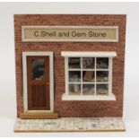 Hand built wooden doll's house seashell and gemstone shop with contents, 32cm H x 31cm W x 31cm D