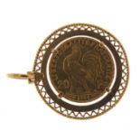 French 1904 twenty franc gold coin with 18ct gold pendant mount, 3.2cm in diameter, 11.0g