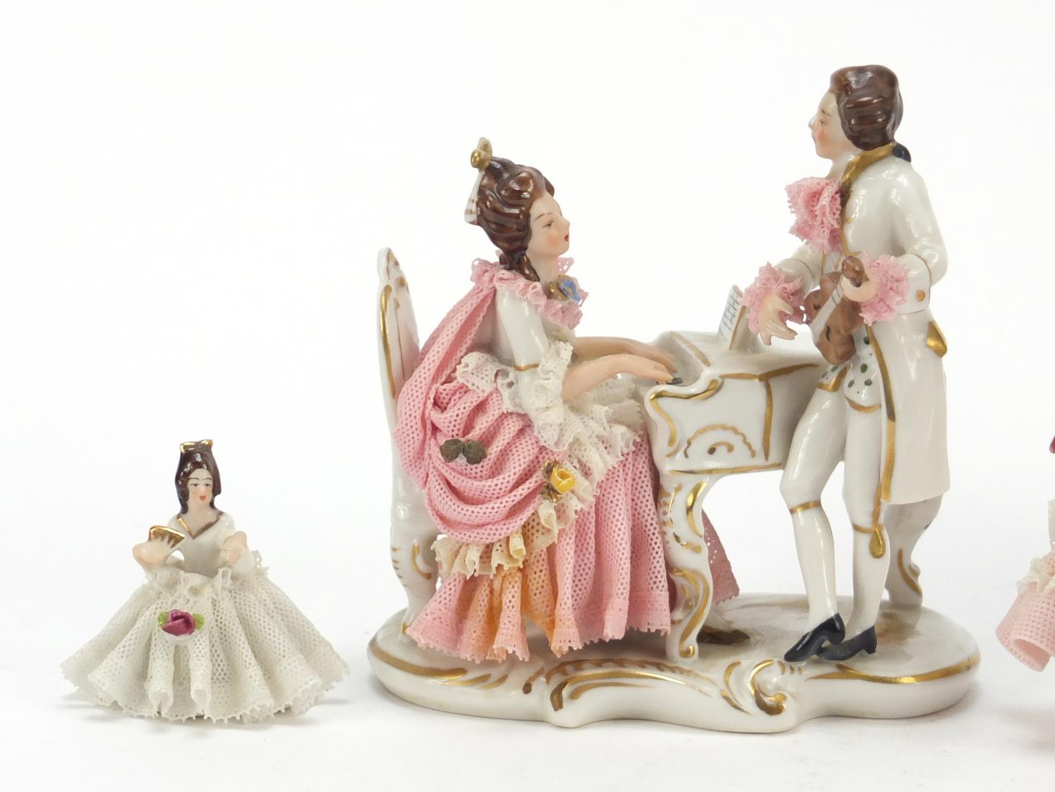 Dresden, three German porcelain lace figurines including a group of two lovers, the largest 18cm - Image 2 of 10