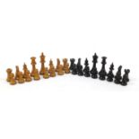 Boxwood and ebonised Staunton chess set with weighted bases, possibly by Jaques, the largest